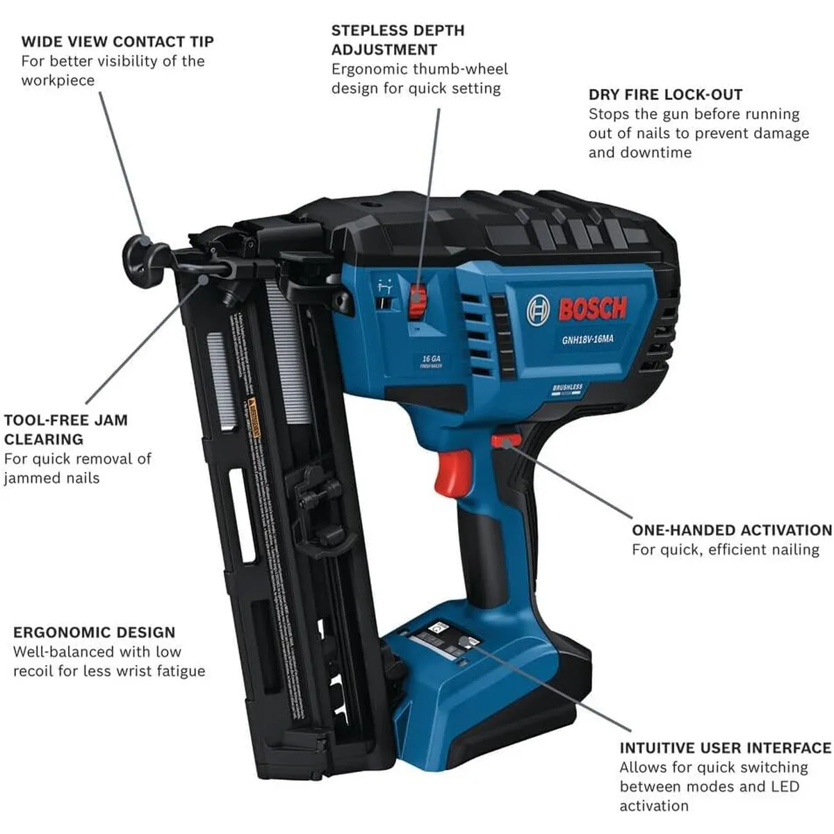 BOSCH - Clavadora Bosch GNH18V16MAN 18V Brushless 16GA Angular
