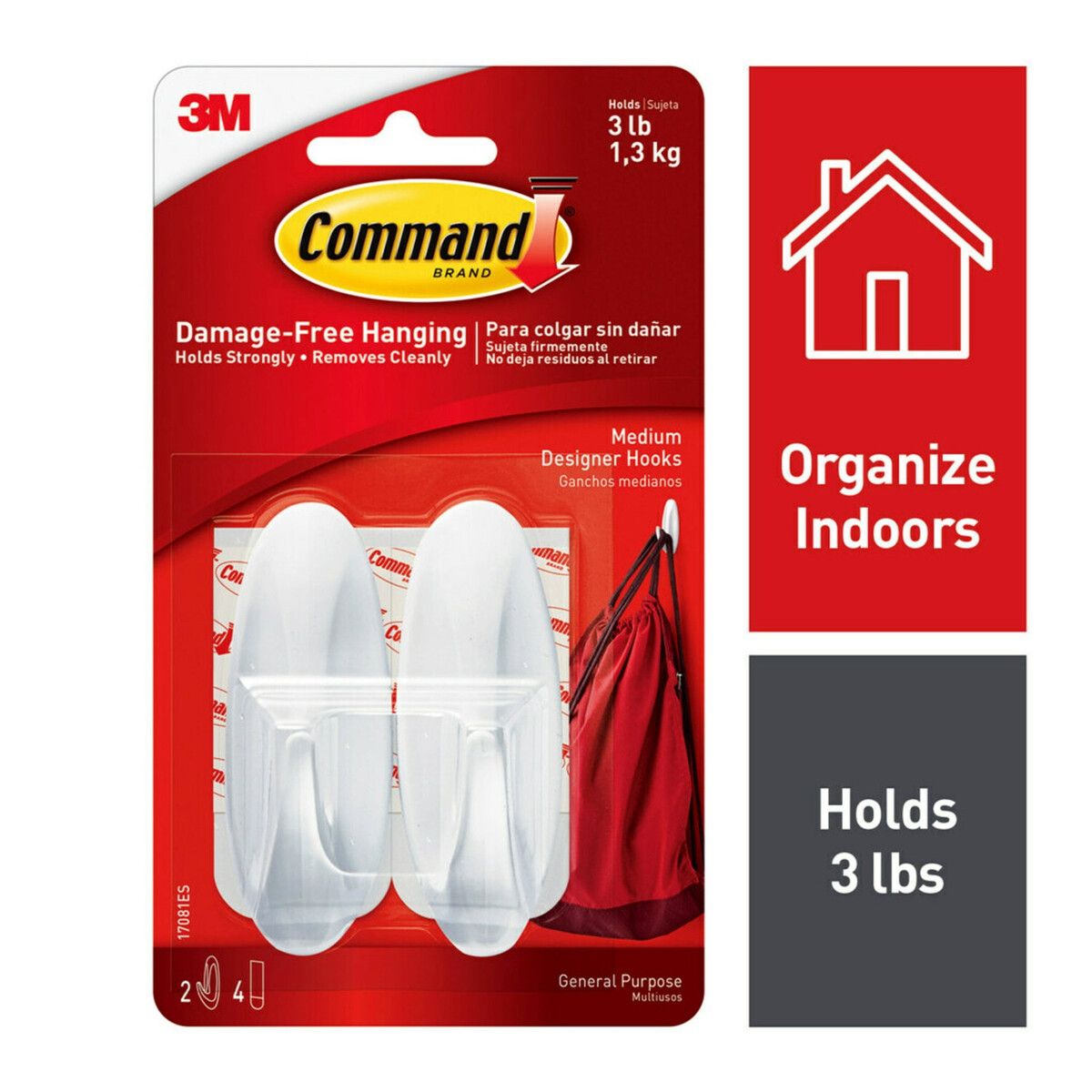 3M - Ganchos Adhesivos Command Medianos Blancos 3M 2 Unidades 1,3kg