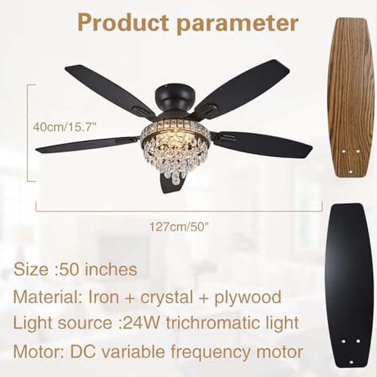 CRISTAL Ventilador de techo Fanyank con luz 50 negro