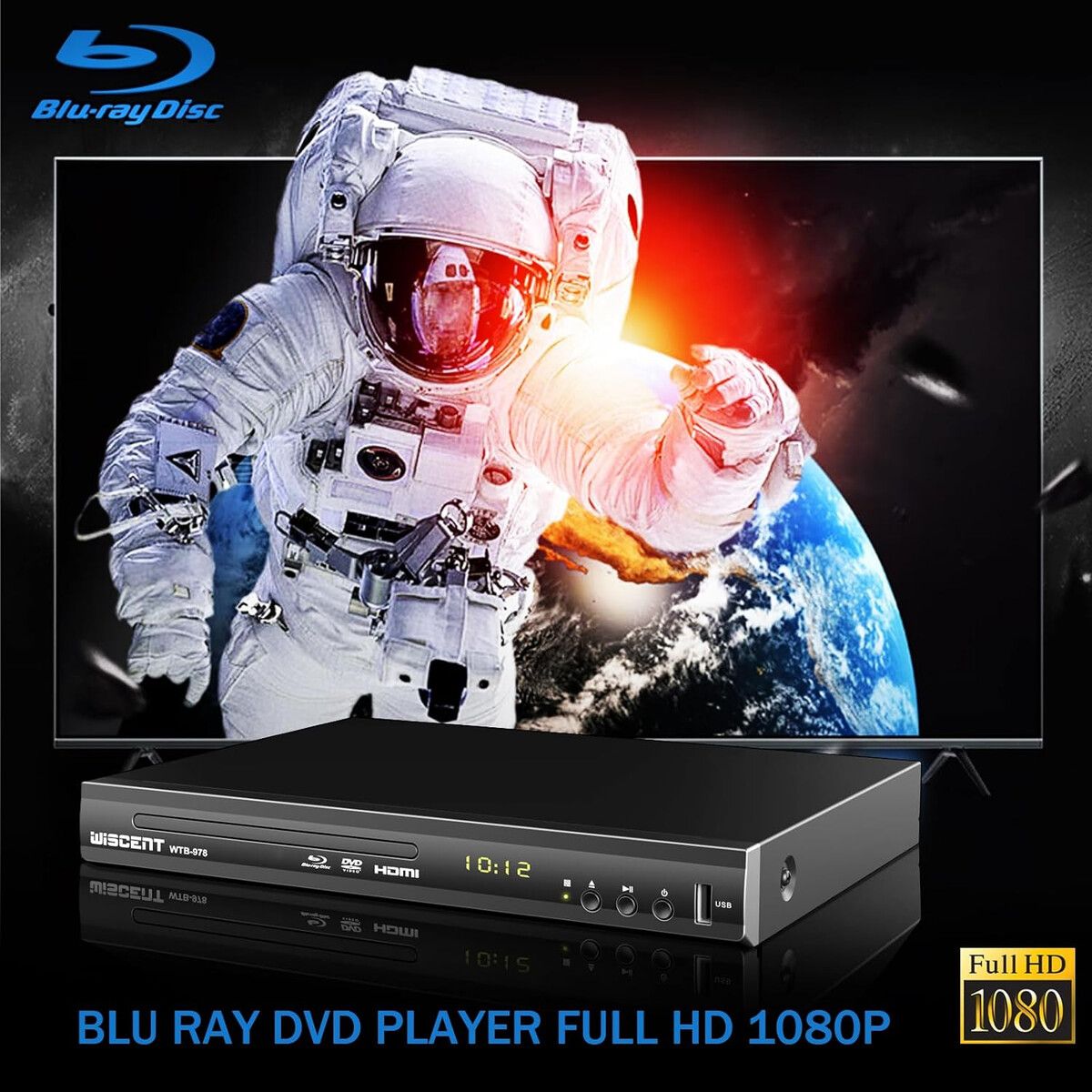 BLU - Reproductor Blu Ray DVD WISCENT WTB978 Full HD 1080p HDMI