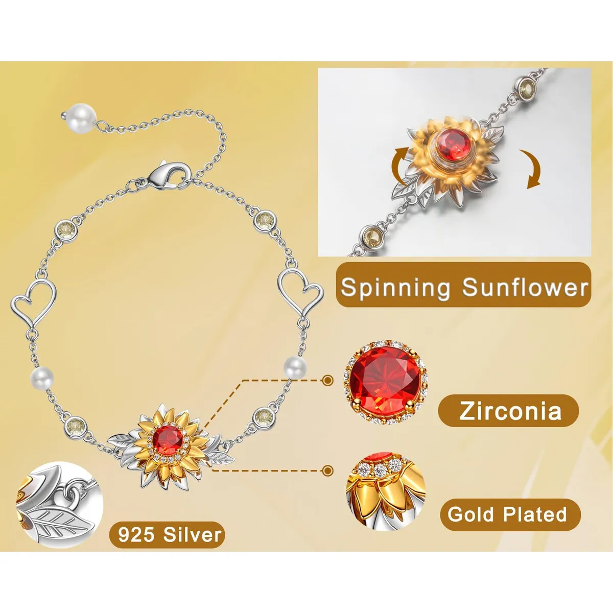 GIRASOL - Pulsera SELENICHAST Girasol Plata Esterlina 925 con Charms Giratorio