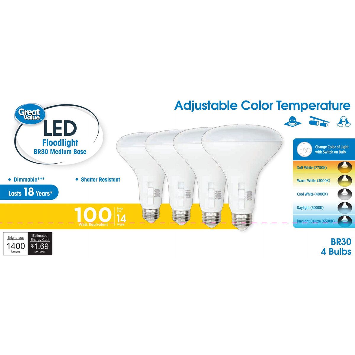 GENERICO - Reflector LED Great Value BR30 14W 100W Equivalente 5CCT 4PK