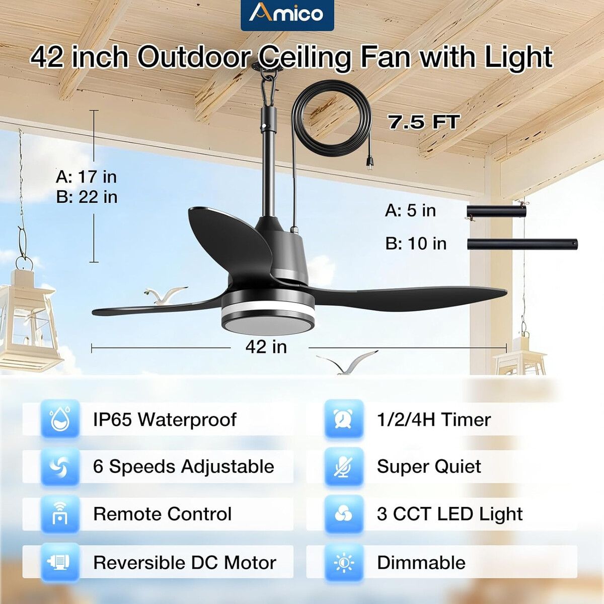 GENERICO - Ventilador Techo Amico 42 pulg IP65 Motor DC LED