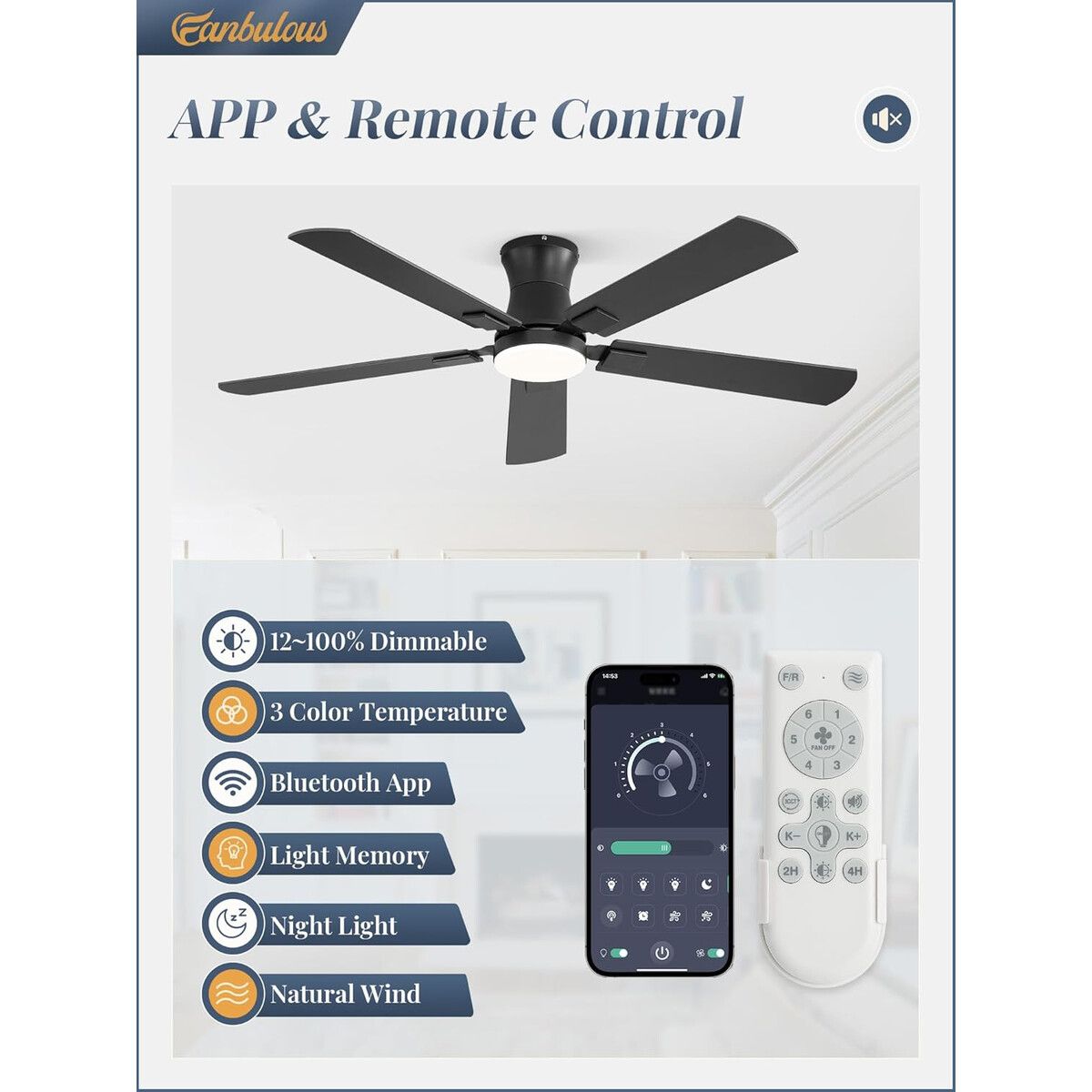 GENERICO - Ventilador techo Fanbulous JL52 52 pulg Perfil bajo LED