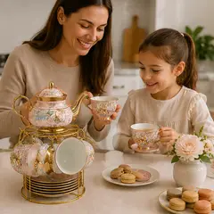 GENERICO - Set De Té De Porcelana 14 Piezas Con Soporte Dorado Modelos Surtidos Floral Vintage