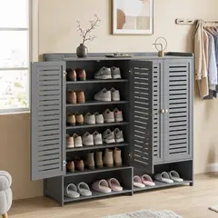 ROHE - Zapatero Organizador De Bambú De 6 Niveles Y 4 Puertas Gris