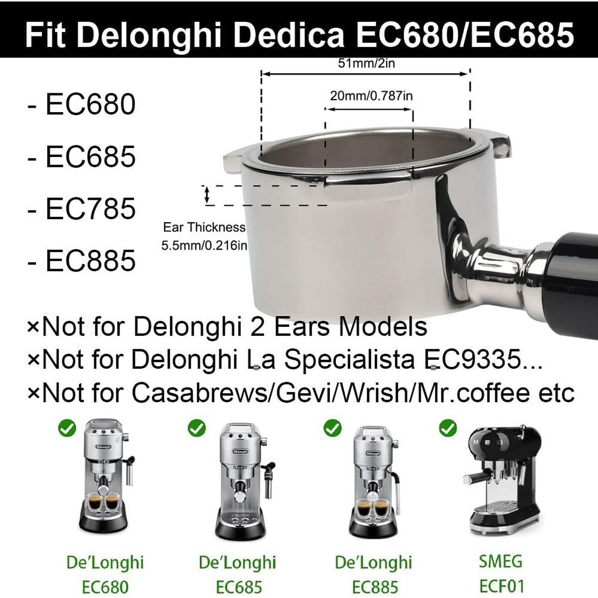GENERICO - Portafiltro Bottomless 51mm 3 Orejas para Delonghi EC680 EC685