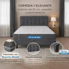 GENERICO - Cama 2 Plazas Base Europea + Colchón 31 cm Resortes Bonnell + Respaldo Tapizado