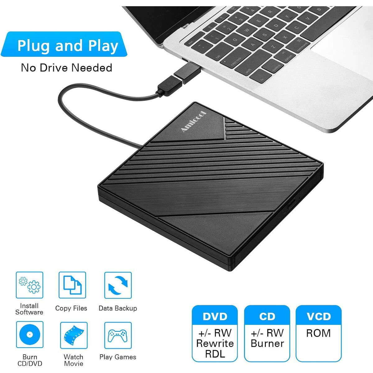 GENERICO - Unidad DVD Externa Amicool A11 USB 3.0 USBC Negra
