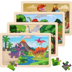 PUZZLE - Madera Dinosaurios Set 4x24 Piezas Niños
