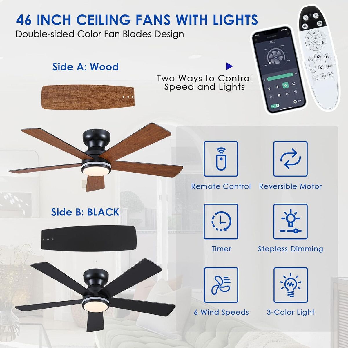 GENERICO - Ventilador de Techo BYKISTOK 46 Marrón RGB Luz Empotrable