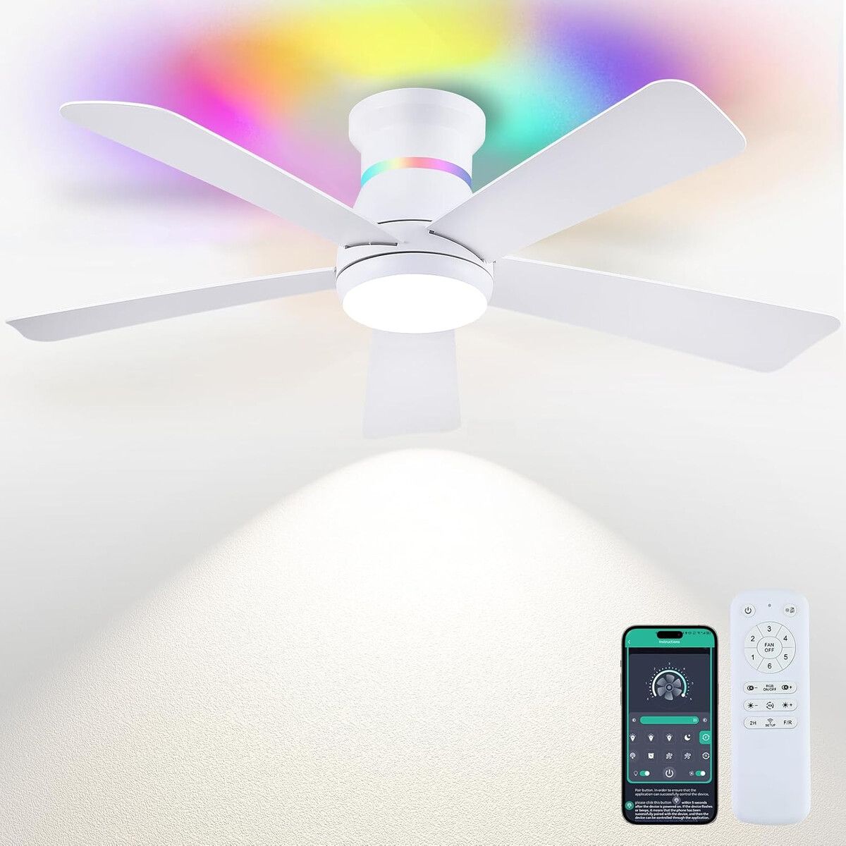 GENERICO - Ventilador de techo Surtime 46 pulgadas blanco luces RGB control APP