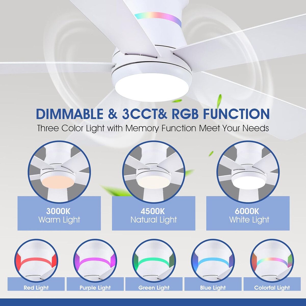 GENERICO - Ventilador de techo Surtime 46 pulgadas blanco luces RGB control APP