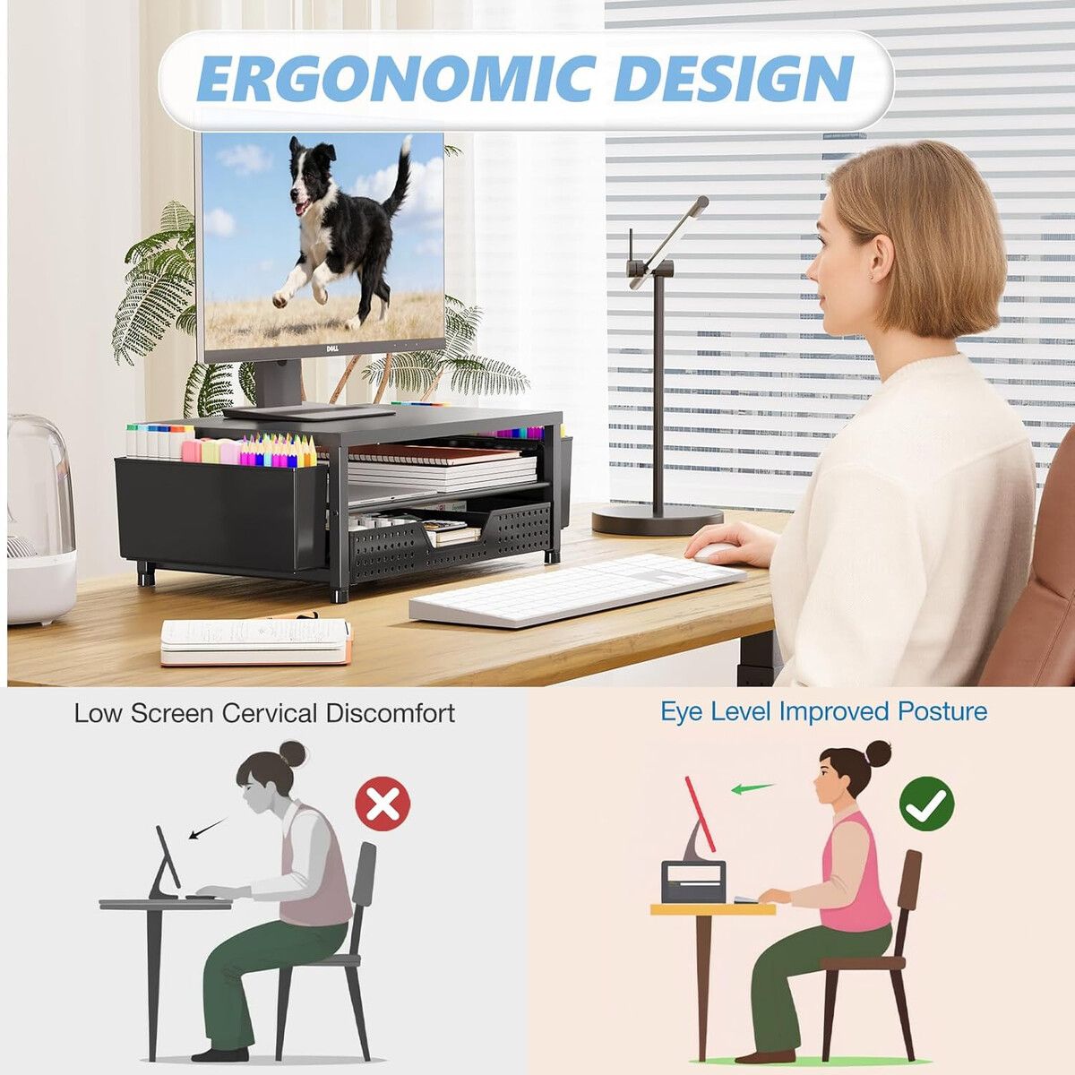 GENERICO - Soporte para Monitor OPNICE Negro 2 Niveles con Cajón