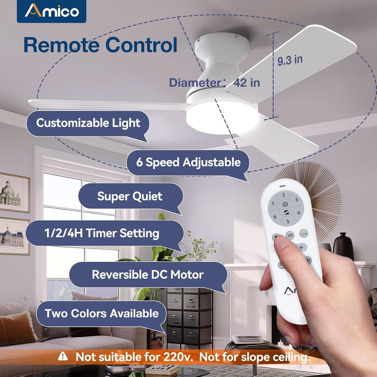GENERICO - Ventilador de Techo Amico 42 Luz LED Motor DC Control Remoto