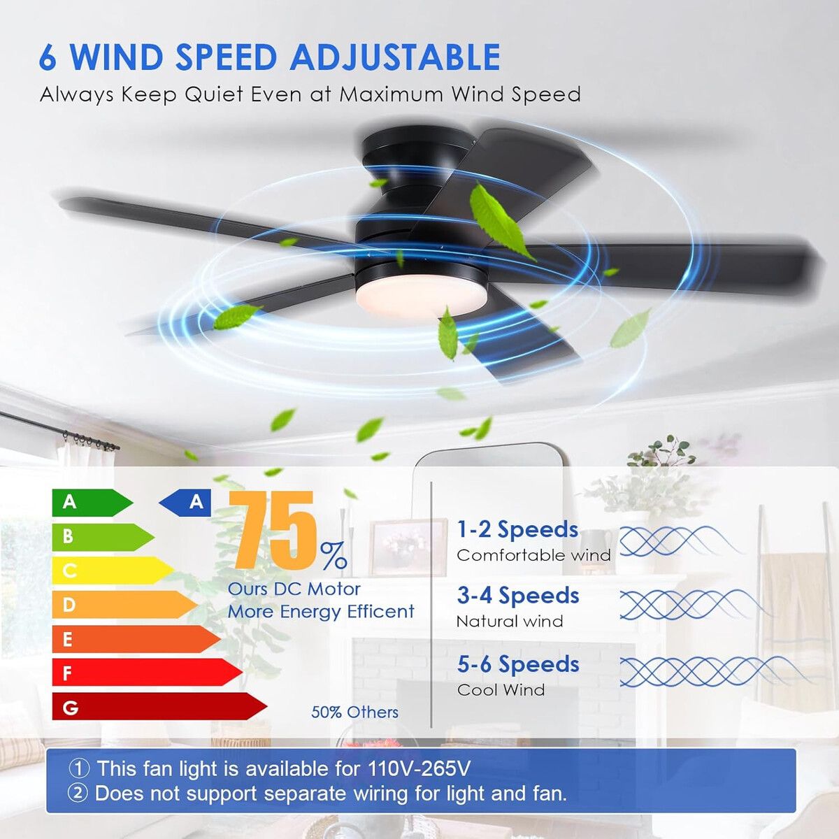 GENERICO - Ventilador de Techo BYKISTOK 46 pulg Negro Motor DC Luz LED