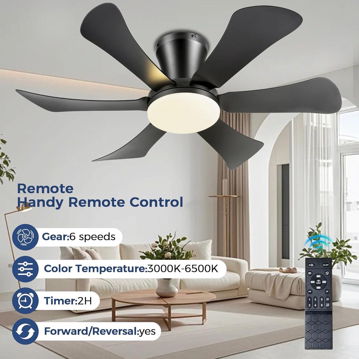 GENERICO - Ventilador de Techo GJeg SY89 Negro 36 Pulgadas 6 Aspas Control Remoto
