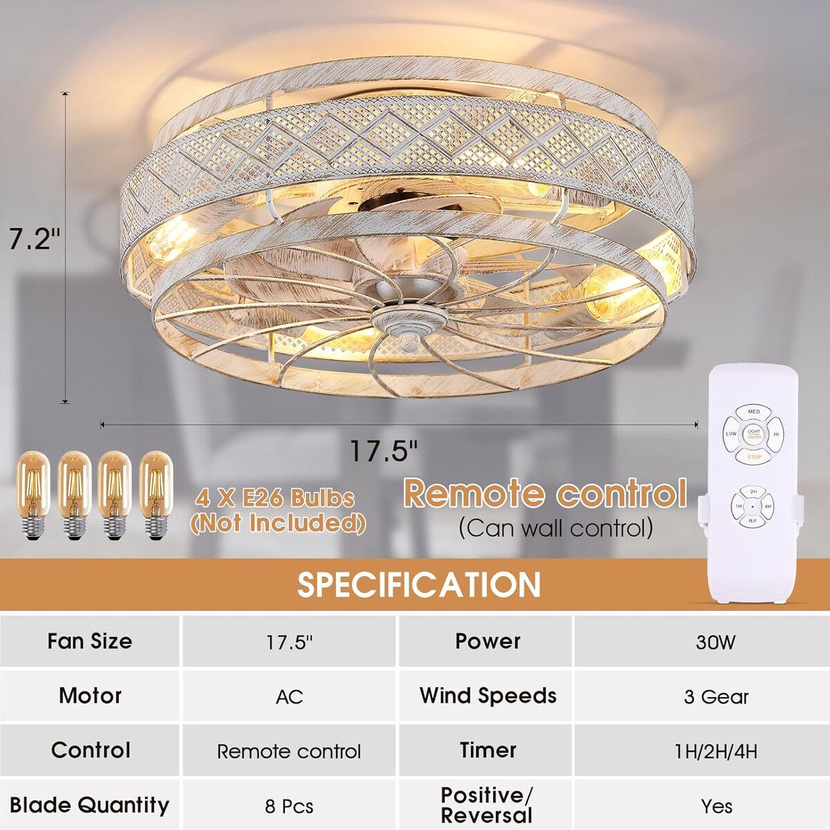 GENERICO - Ventilador de Techo SHIHOT 18 Pulgadas Bajo Perfil con Luz