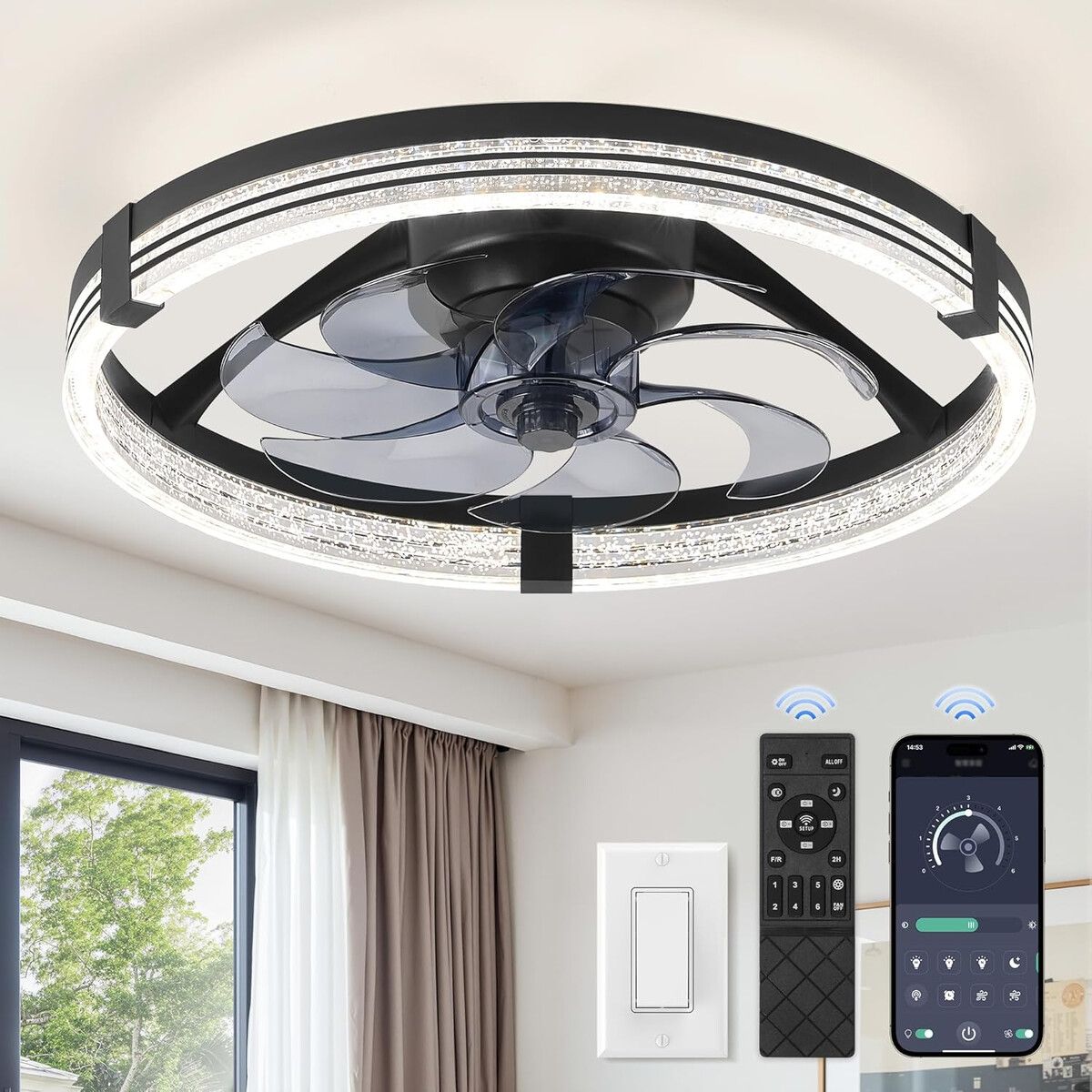 GENERICO - Ventilador de Techo ZMISHIBO Bajo Perfil 17in LED 6 Velocidades DC
