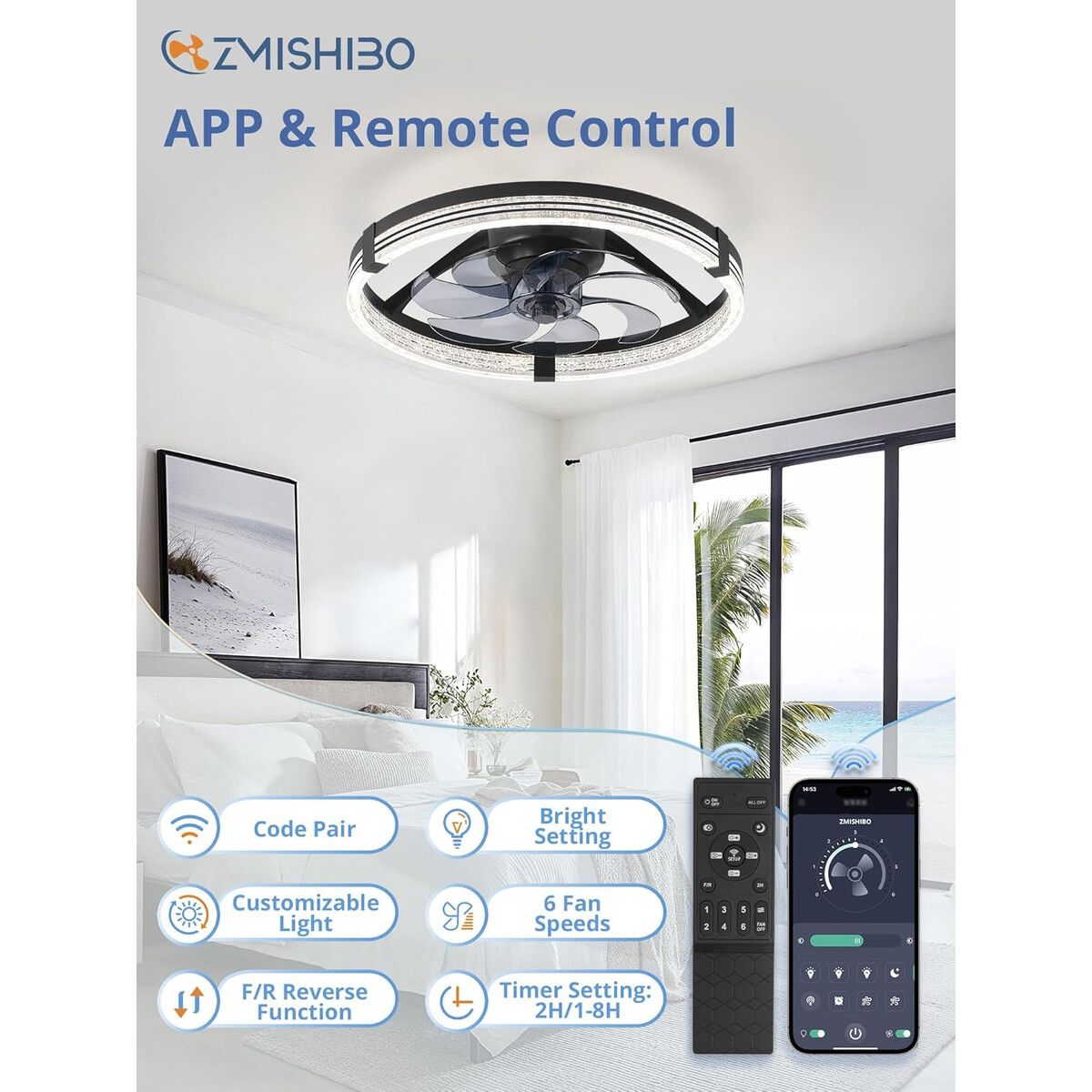 GENERICO - Ventilador de Techo ZMISHIBO Bajo Perfil 17in LED 6 Velocidades DC