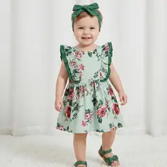 PEQUEÑA LUZ - VESTIDO BEBE NIÑA VERDE FLOREADO