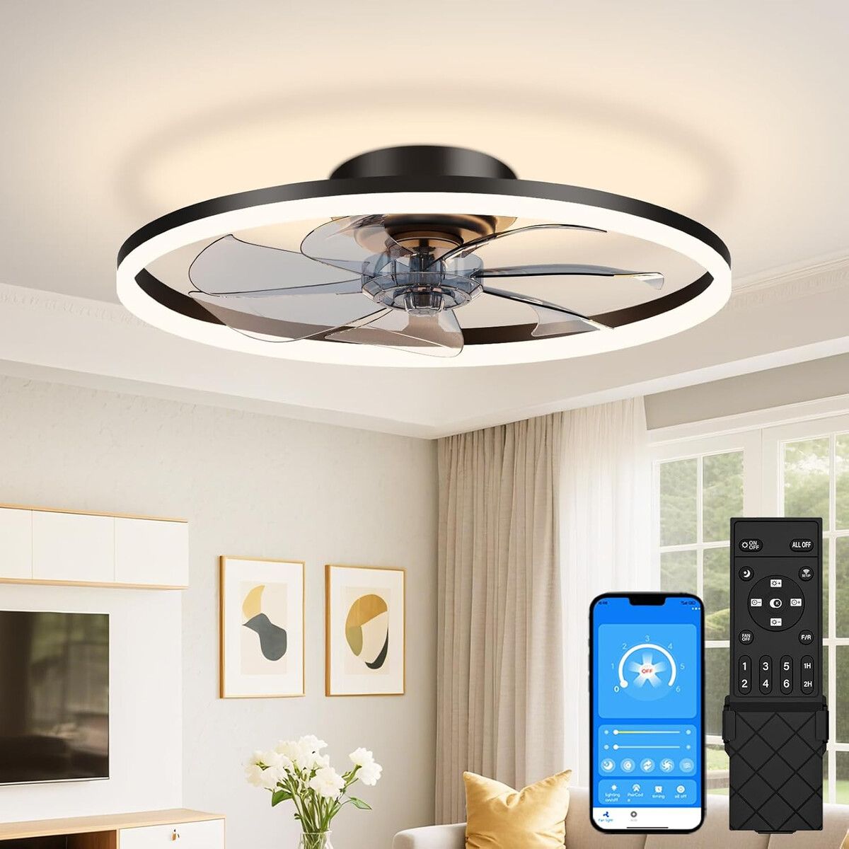 GENERICO - Ventilador de Techo VOLISUN 20 pulgadas Bajo Perfil con Luz y Control Remoto