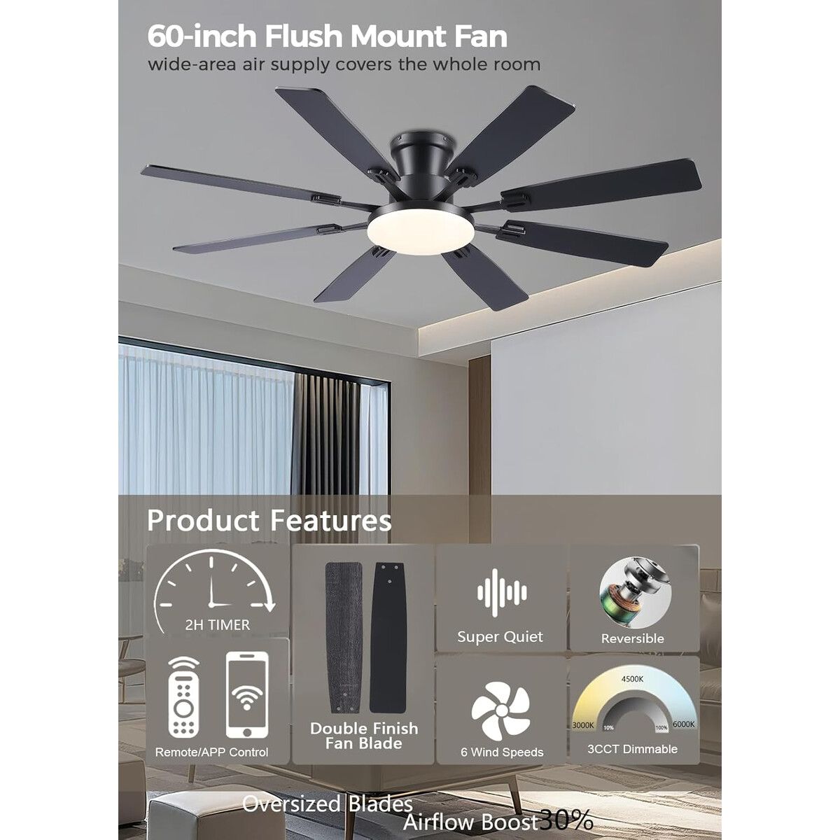 GENERICO - Ventilador de techo JSAITEE 60 pulgadas con luz LED y control remoto