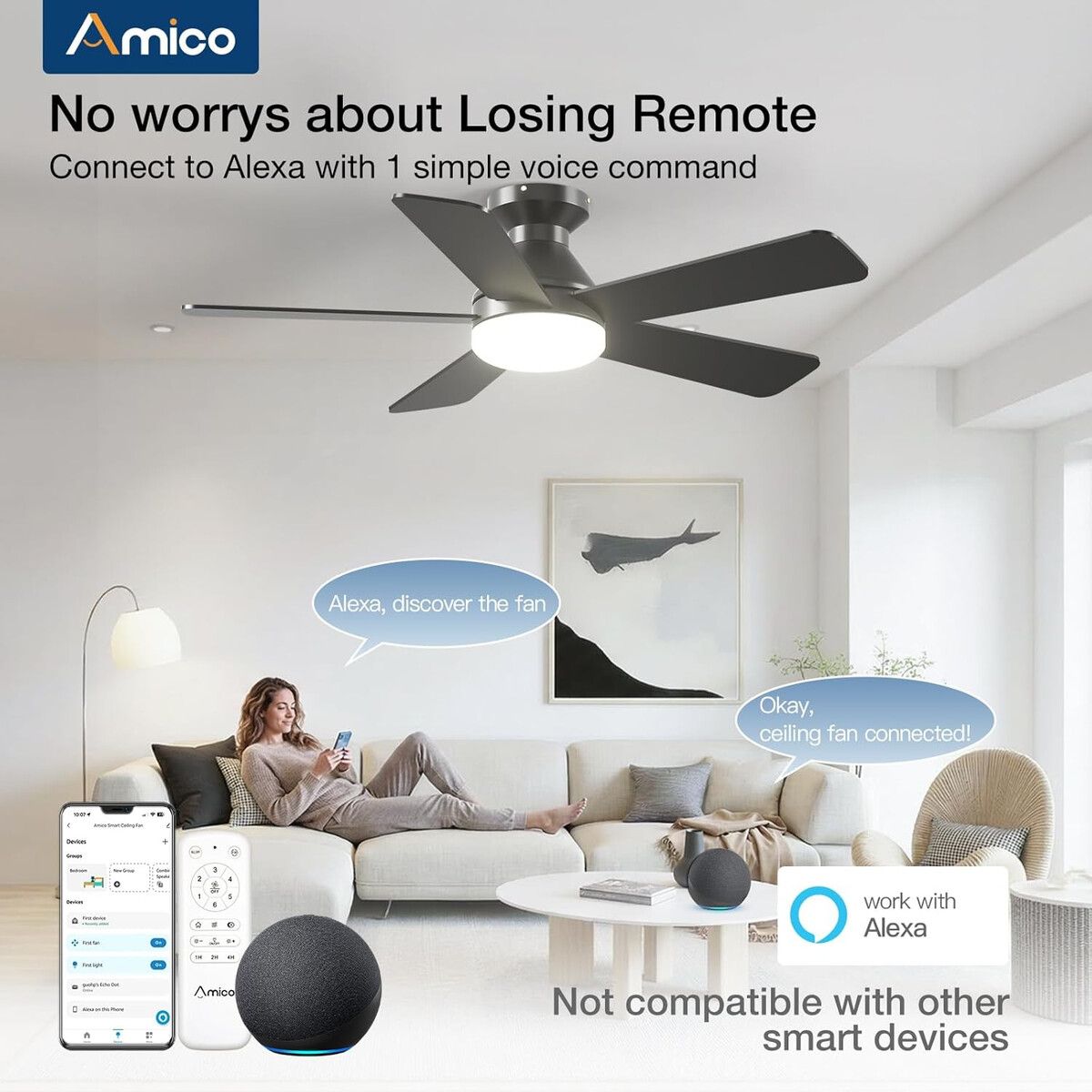GENERICO - Ventilador de Techo Amico 42 Smart Bajo Perfil con Luz