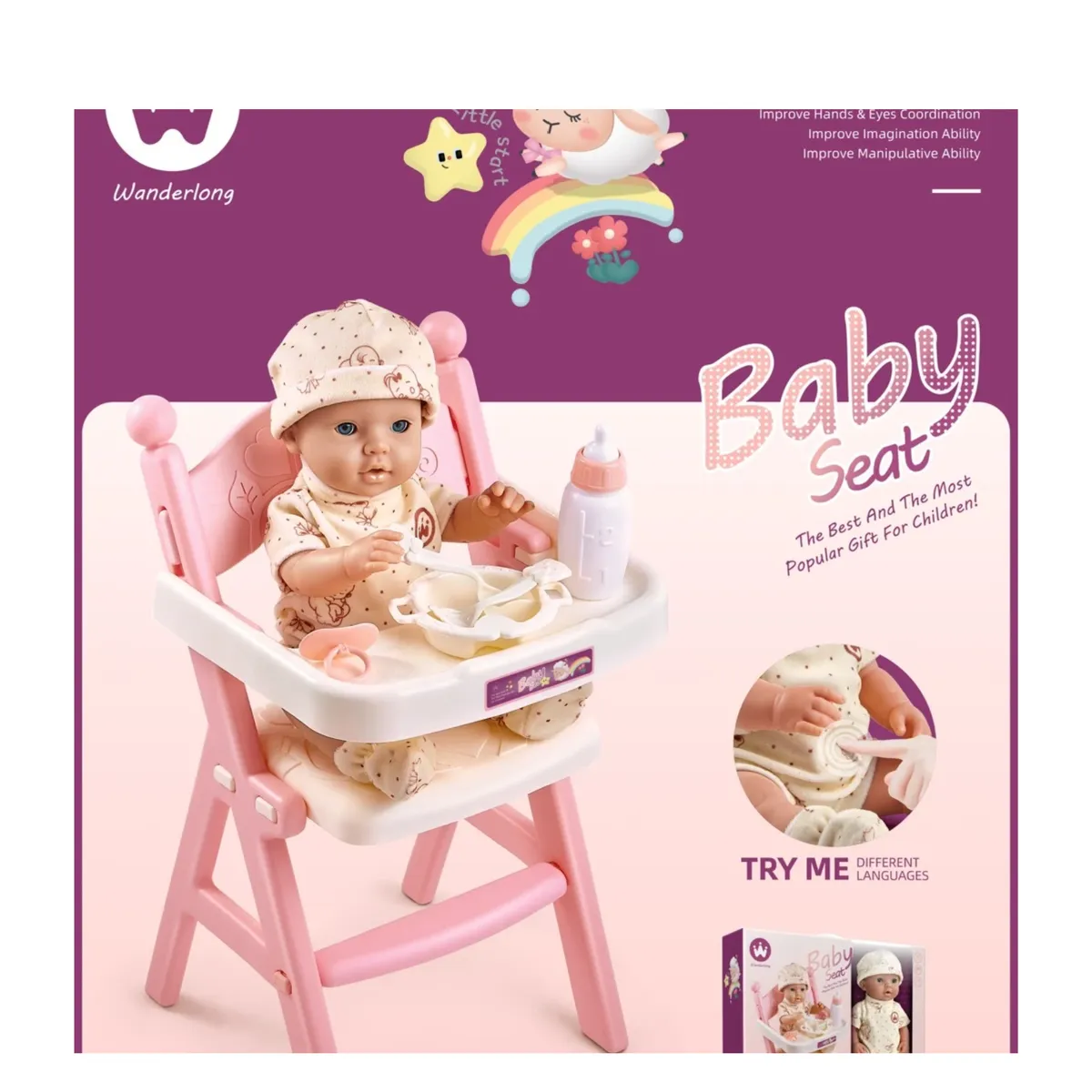 GENER - Muñeca Con Silla Para Comer Mas Accesorios Juguete Con Sonido
