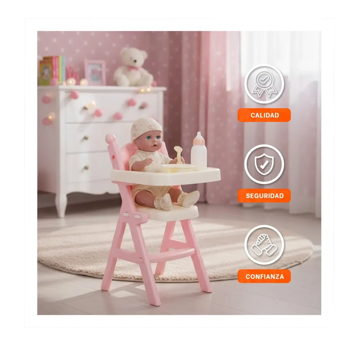 GENER - Muñeca Con Silla Para Comer Mas Accesorios Juguete Con Sonido