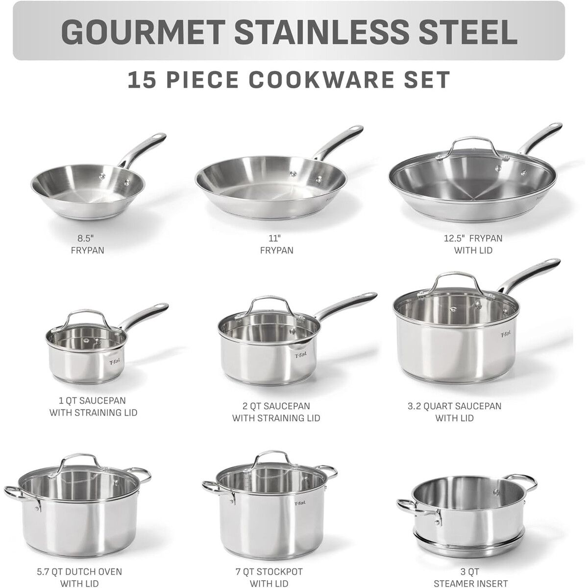 GOURMET - Set de Ollas Tfal Gourmet 15 Piezas Acero Inoxidable Inducción