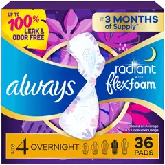 ALWAYS - Toallas Radiant FlexFoam Talla 4 Overnight con Alas