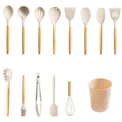 MAINSTAYS - Set de Utensilios de Cocina Silicona y Bambú 14 Piezas