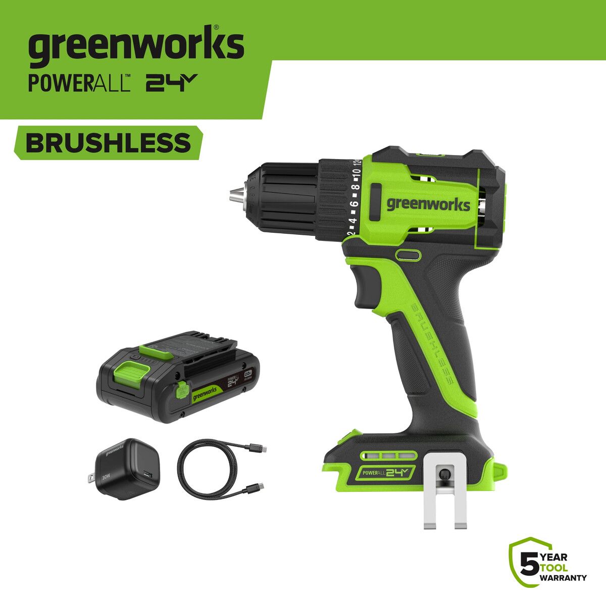 GREENWORKS - Taladro Atornillador Greenworks DD330A1 24V 38 Brushless 280inlb