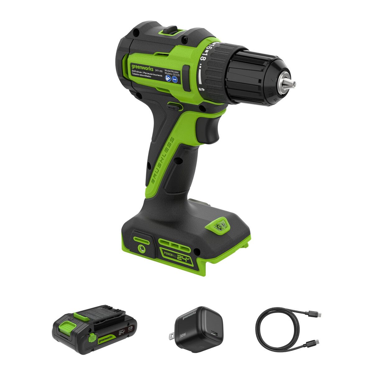 GREENWORKS - Taladro Atornillador Greenworks DD330A1 24V 38 Brushless 280inlb