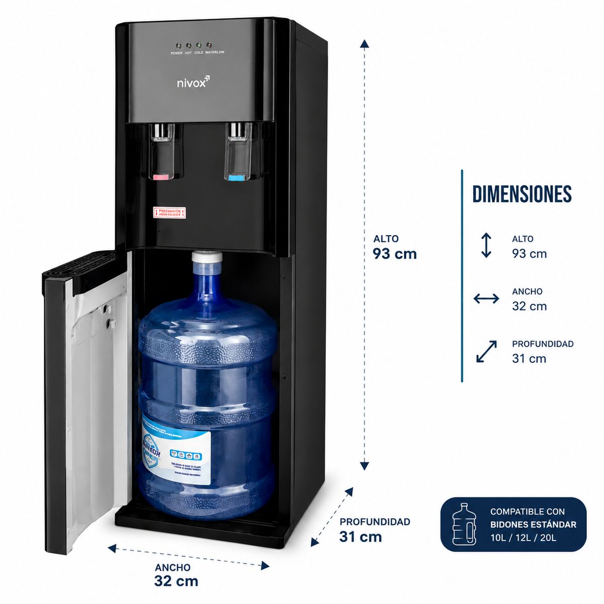 DALI - Dispensador De Agua Frío Caliente Bidon inferior oculto de 20 litros negro
