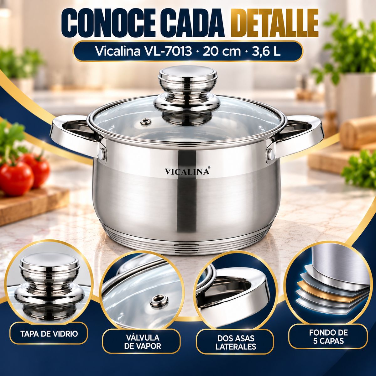 GENERAL - Olla Cacerola De Acero Con Tapa Vicalina Vl-7013 3,6lts 20cm Color Plateado