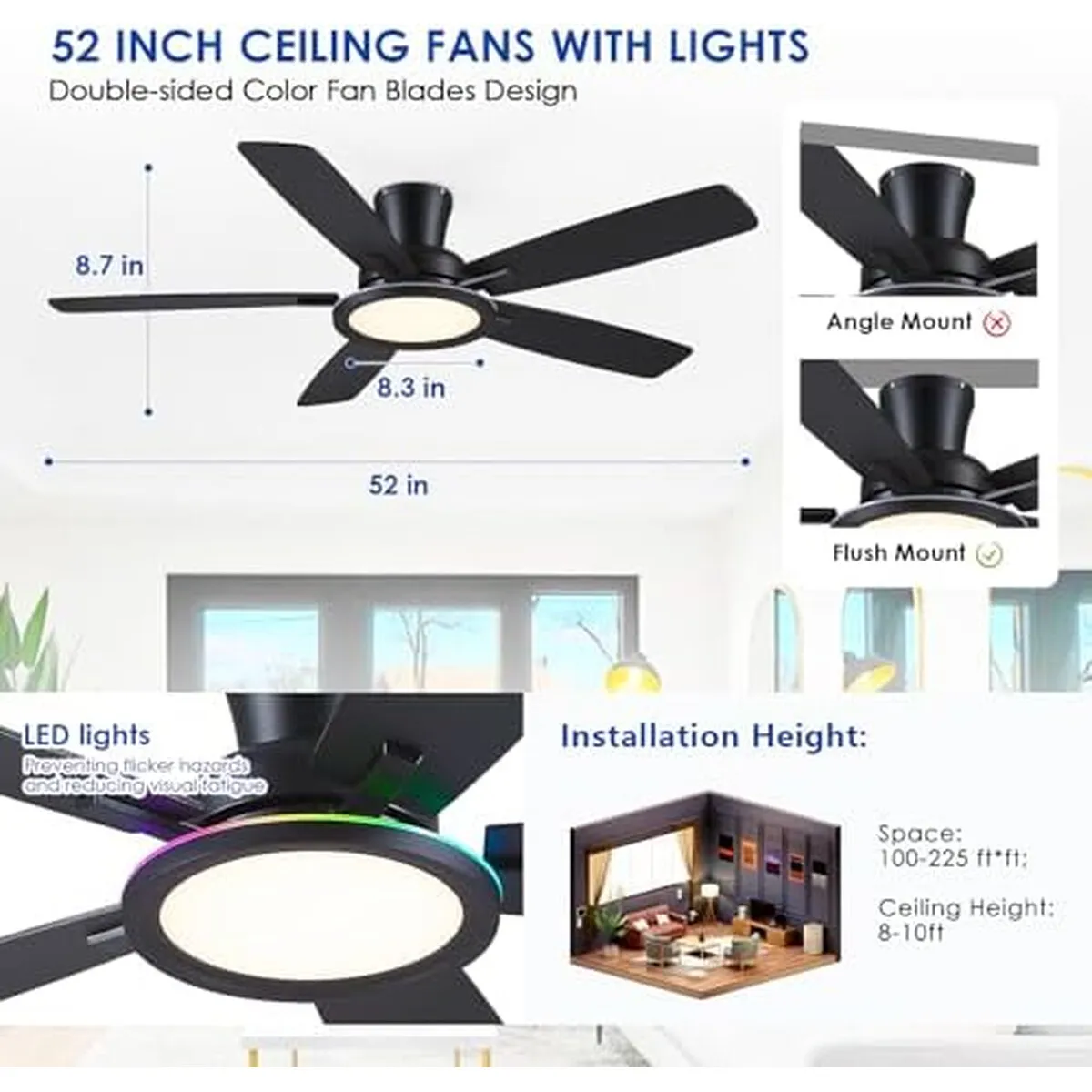 GENERICO - Ventilador Techo BYKISTOK 52 RGB Flush Mount