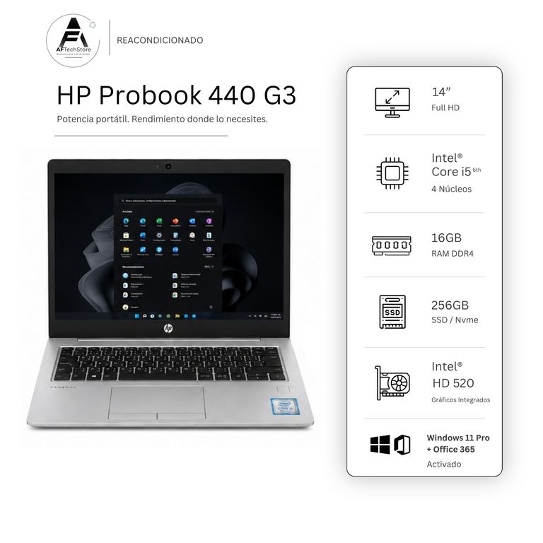 HP Notebook 440 G3 I5 6th 16GB 256GB - Win11 Office - Reacondicionado Profesional