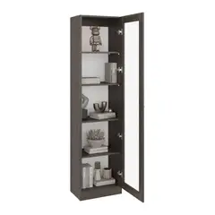 FMFURNITURE - Vitrina 1 Puerta De Vidrio 5 Espacios 180,6X45X31,3 Cm Café Oscuro Y Blanco