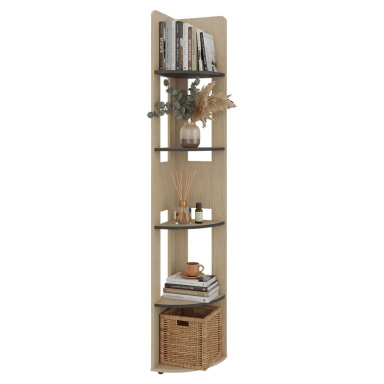 Estante Esquinero Con 4 Repisas y 5 Espacios Para Colocar Objetos Beige