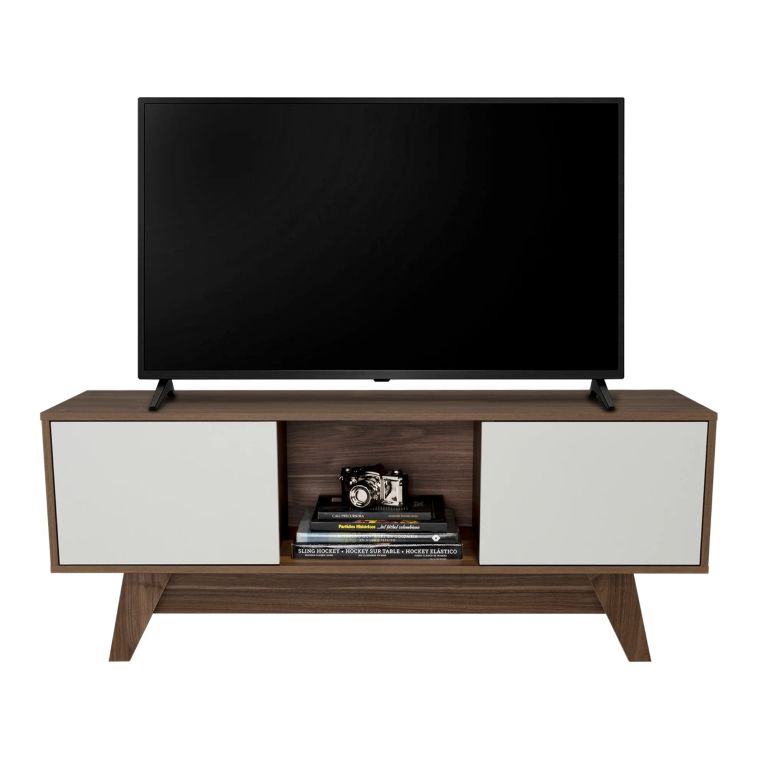 Rack Tv Con Capacidad Hasta 55 2 Puertas 53,7X135X40 Cm Cafe Oscuro Y Blanco