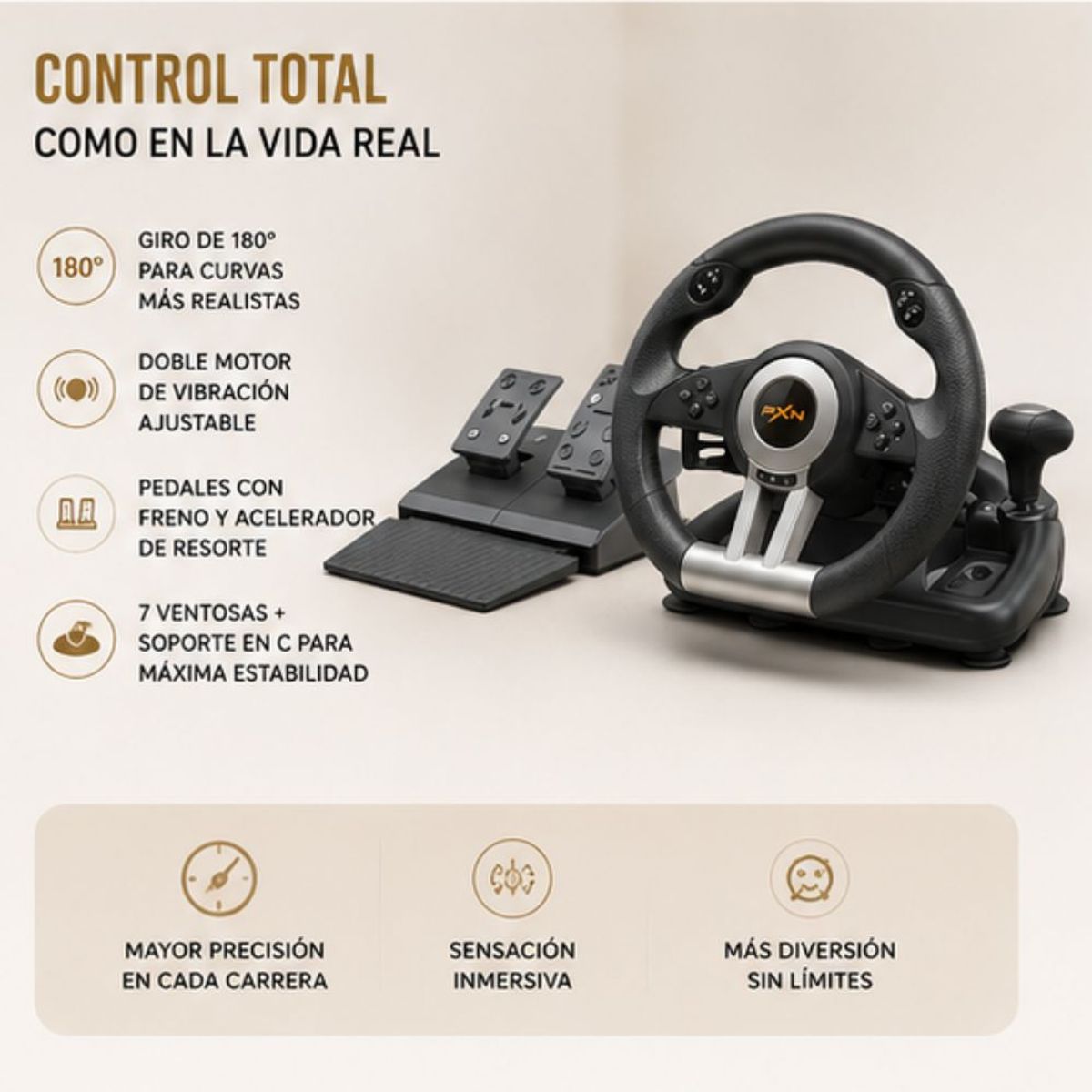 MOVI - Volante Gamer con Pedales para Simulación de Carreras Multiplataforma
