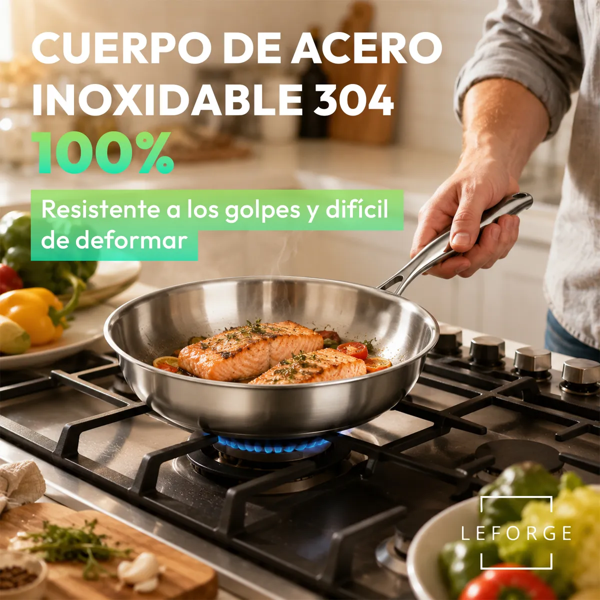 LEFORGE - Sartén Acero Inoxidable 304 Premium 24cm Fondo Triple Capa