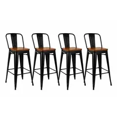 NOVAHUS - Pack 4 Silla Bar Tolix 95cm Taburete Alto Negro Asiento De Madera Para Cocica Barra Restaurante Cafeteria Terraza Comedor Hogar Moderno Material Resistente Compraya Mate