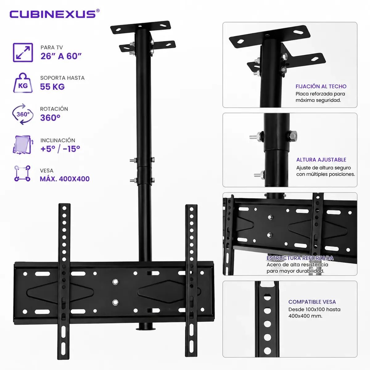 GENERICO - Soporte Tv Techo Pared Ajustable 26 A 60 Pulgadas Giro 360° Inclinable Vesa Reforzado