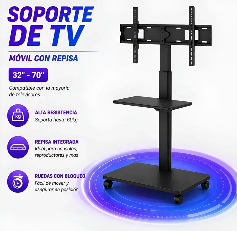 GENERICO Soporte Tv Móvil Con Repisa Negro 32 A 75 Pulgadas Ajustable Hasta 60kg Con Ruedas Bloqueables