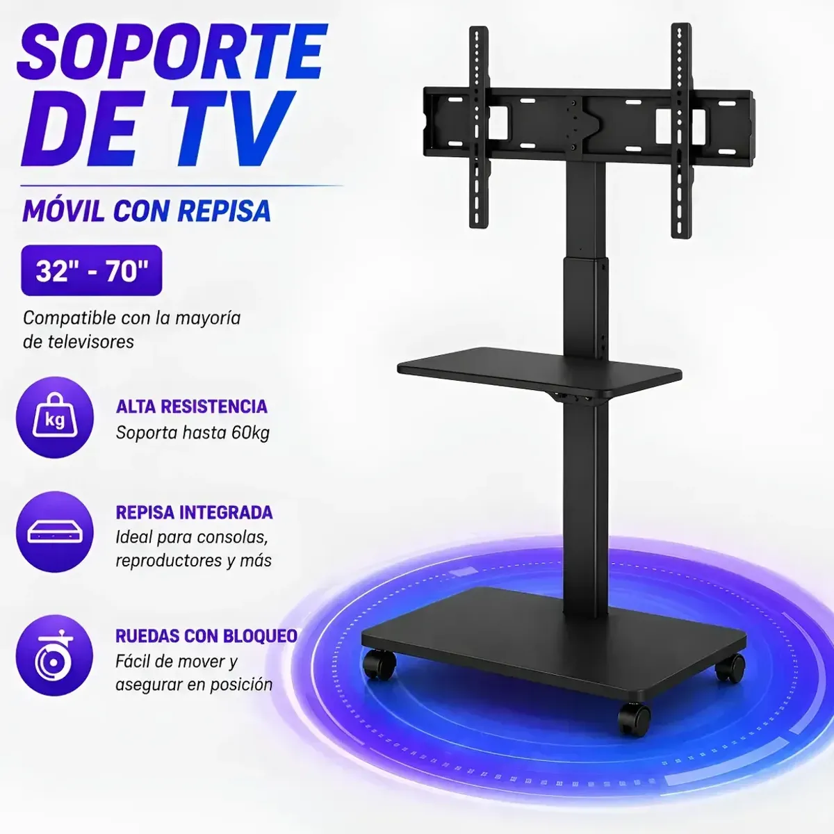 GENERICO - Soporte Tv Móvil Con Repisa Negro 32 A 75 Pulgadas Ajustable Hasta 60kg Con Ruedas Bloqueables