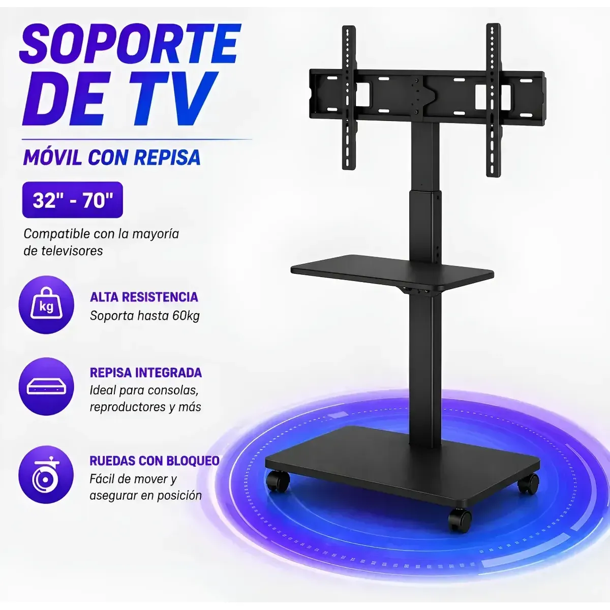 GENERICO - Soporte Tv Móvil Con Repisa Negro 32 A 75 Pulgadas Ajustable Hasta 60kg Con Ruedas Bloqueables