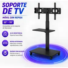 GENERICO - Soporte Tv Móvil Con Repisa Negro 32 A 75 Pulgadas Ajustable Hasta 60kg Con Ruedas Bloqueables
